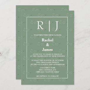 Sage Green Leaves QR Code Monogram Wedding Invitation