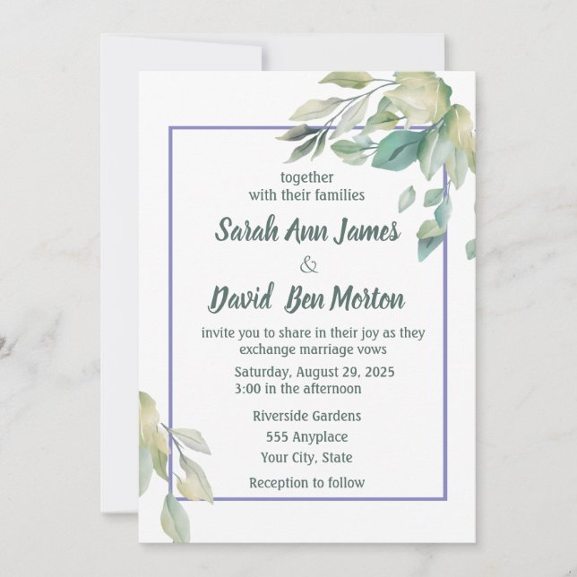 Sage Green Leaves Simple Greenery Wedding Invitation (Front)