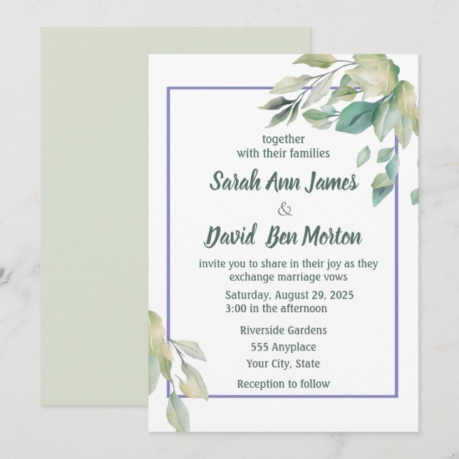 Sage Green Leaves Simple Greenery Wedding Invitation (Front/Back)