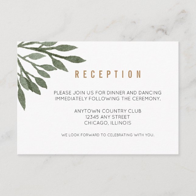 Sage Green Leaves Watercolor Wedding Reception Enclosure Card (Front)