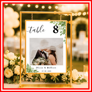 Sage Green Leaves Wedding PHOTO Table Number  Poster
