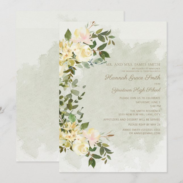 Sage Green Leaves White Floral  Graduation Party Invitation (Front/Back)