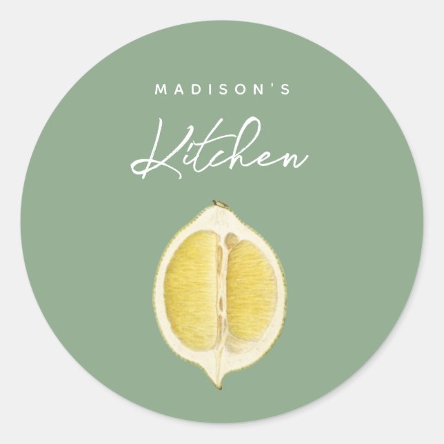 Sage Green & Lemon Script Cooking Custom Name   Classic Round Sticker (Front)