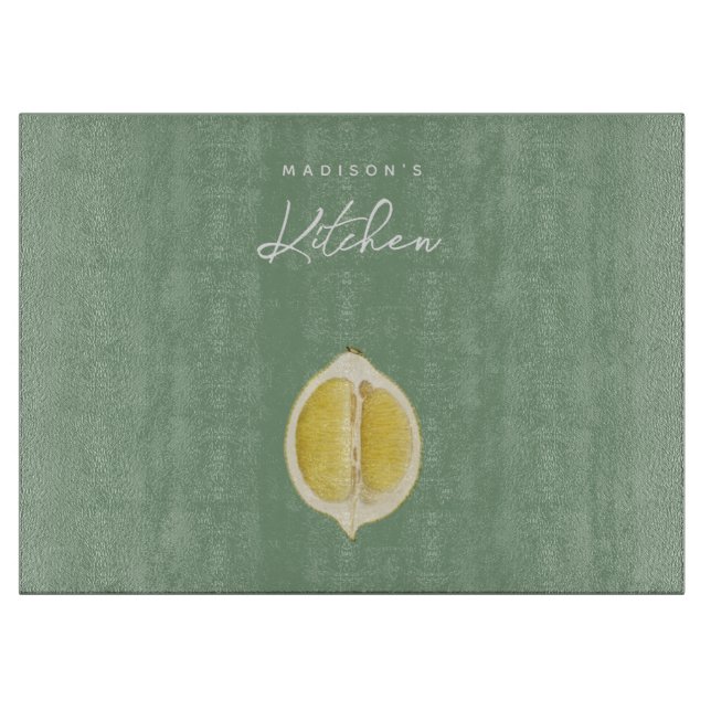 Sage Green & Lemon Script Cooking Custom Name  Cutting Board (Front)