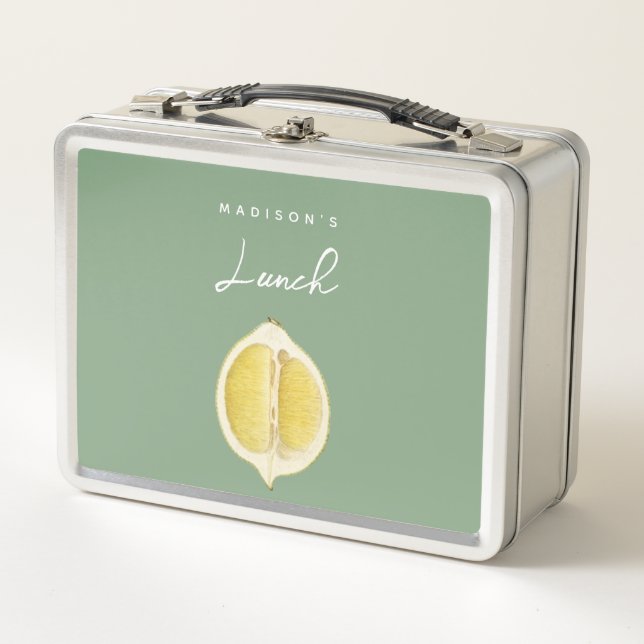 Sage Green & Lemon Script Cooking Custom Name  Metal Lunch Box (Front)