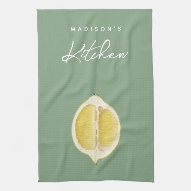 Sage Green & Lemon Script Cooking Custom Name Tea Towel (Vertical)