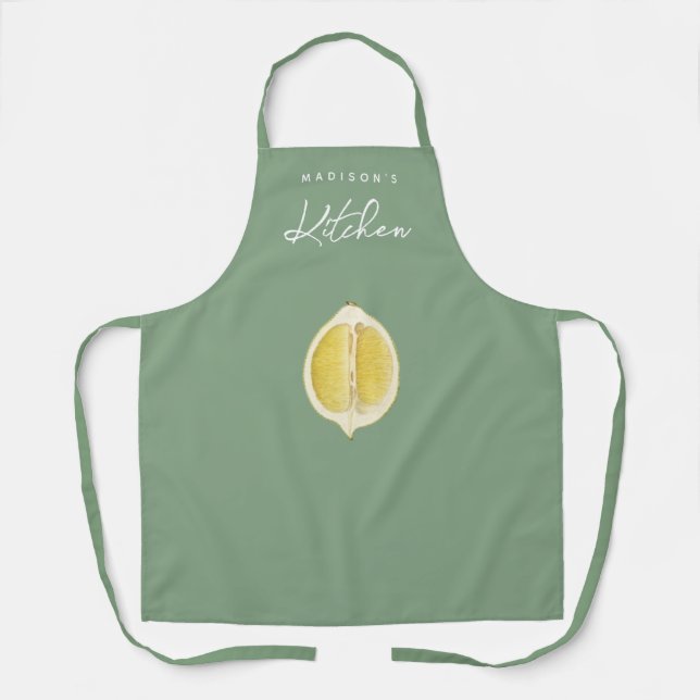 Sage Green & Lemon Script Cooking Kitchen Apron (Front)