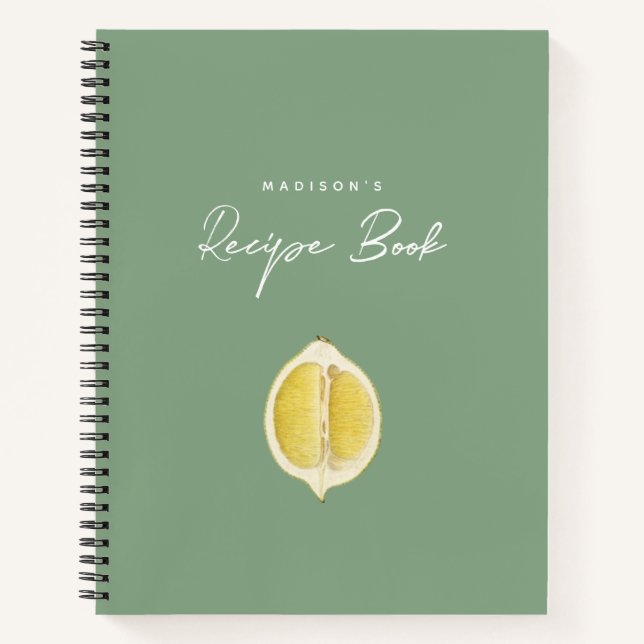 Sage Green & Lemon Script Cooking Kitchen Recipe  Notebook (Front)