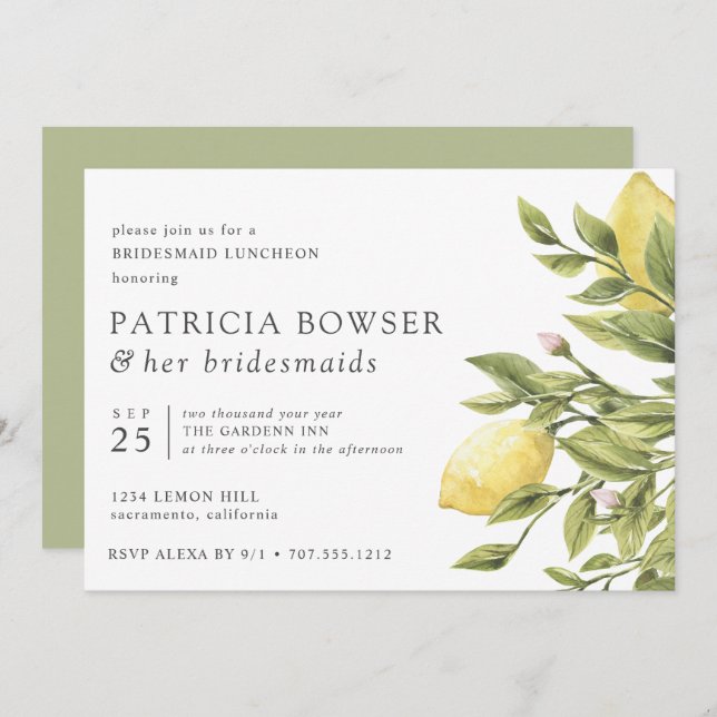 Sage green | lemons and leaves Bridesmaid Luncheon Invitation (Front/Back)
