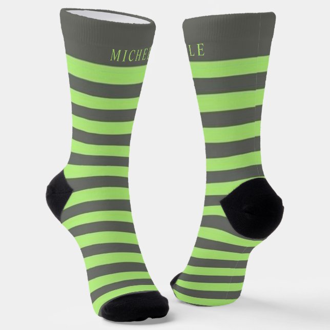 Sage Green Light Grey Striped Custom Name  Socks (Angled)