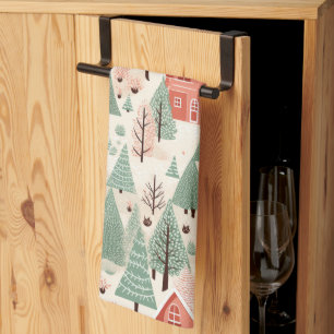 Sage Green Light Pink Pine Cones Roofs and Trees Tea Towel