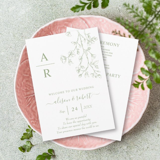 Sage green line art blossoms monochrome wedding programme (Creator Uploaded)