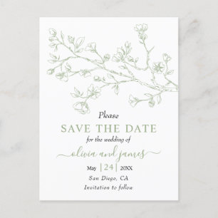 Sage green line art blossoms wedding Save the Date Postcard
