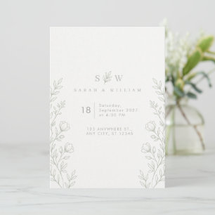 Sage Green Line Art Botanical Wedding Invitation