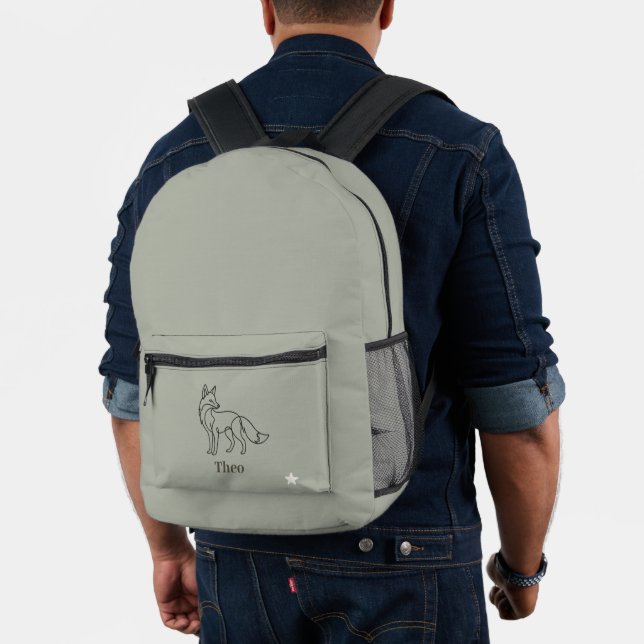 Sage Green | Line Art Fox Kids Personalised Name Printed Backpack (Insitu (Model))