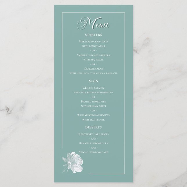 Sage Green Line Art Rose Dinner Dishes Wedding Menu (Front)