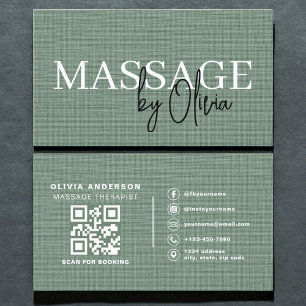 Sage Green Linen Massage Therapist QR Code  Business Card