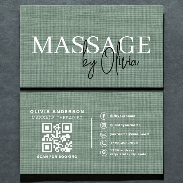 Sage Green Linen Massage Therapist QR Code  Business Card (Creator Uploaded)