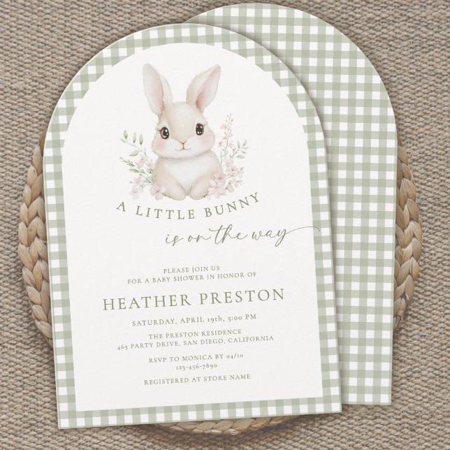 Sage Green Little Bunny Gingham Arch Baby Shower Invitation (Creator Uploaded)