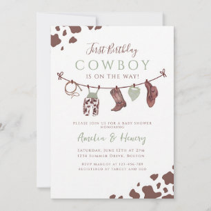 Sage Green Little Cowboy Western Baby Shower Invitation