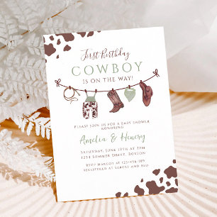 Sage Green Little Cowboy Western Baby Shower Invitation