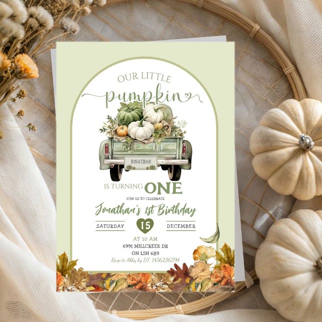 Sage Green Little Pumpkin Leaves Boy Birthday Invitation (Creator Uploaded)