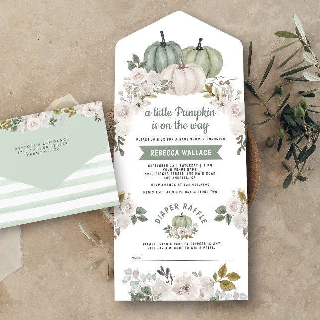 Sage Green Little Pumpkin White Floral Baby Shower All In One Invitation (Creator Uploaded)