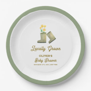Sage Green Locally Grown Floral Boots Baby Shower  Paper Plate