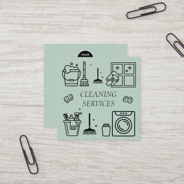 Sage Green Logo Cleaning Services Commercial Square Business Card (Front/Back In Situ)