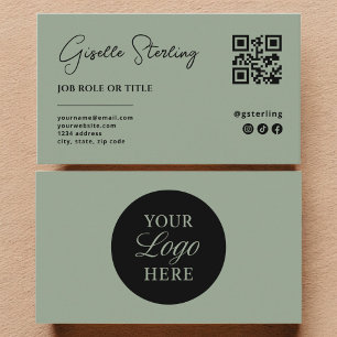 Sage Green Logo QR Code Minimalist Professional  Business Card