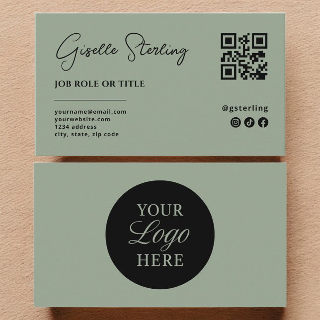 Sage Green Logo QR Code Minimalist Professional  Business Card (Creator Uploaded)