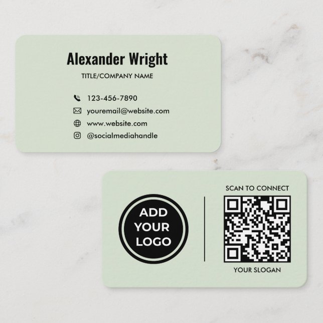 Sage Green Logo Scan Code Contact Business Card  (Front/Back)
