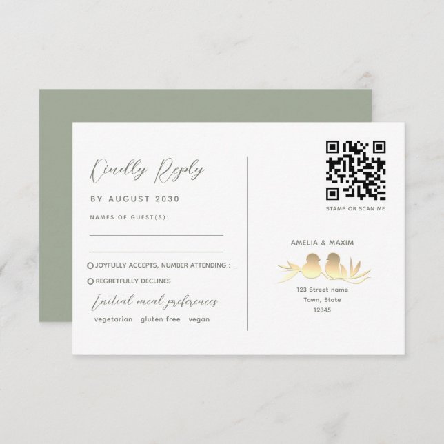 Sage Green Lovebirds Wedding QR RSVP Card (Front/Back)