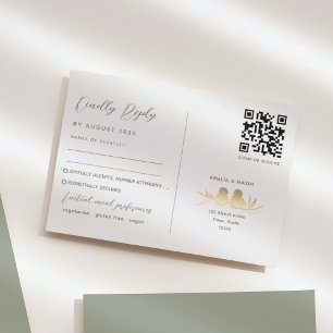 Sage Green Lovebirds Wedding QR RSVP Card