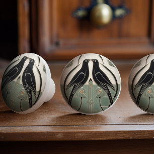 Sage Green Mackintosh Black Birds Art Deco Decor Ceramic Knob