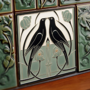 Sage Green Mackintosh Black Birds Art Deco Decor Tile