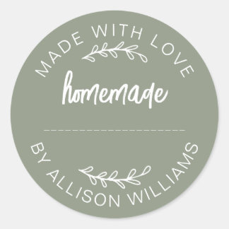 Sage Green Made With Love Homemade Food Jar Classic Round Sticker