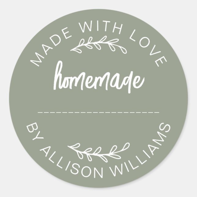 Sage Green Made With Love Homemade Food Jar  Classic Round Sticker (Front)