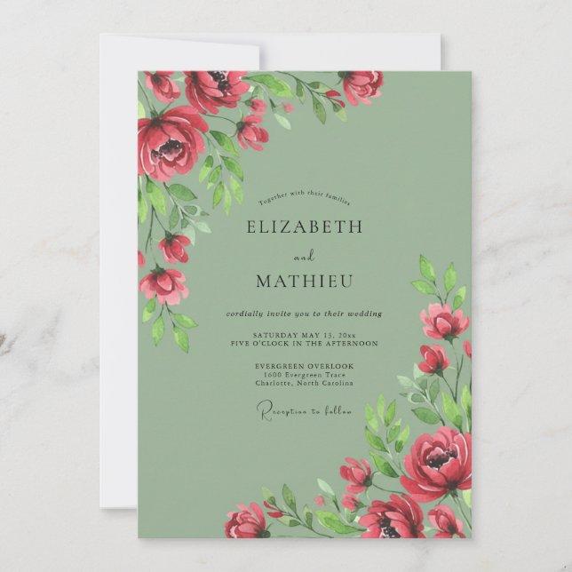 Sage Green Majestic Rose Wedding Invitation (Front)