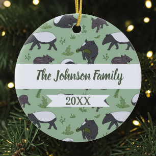 Sage Green Malayan Tapir Family Animal Ceramic Tree Decoration