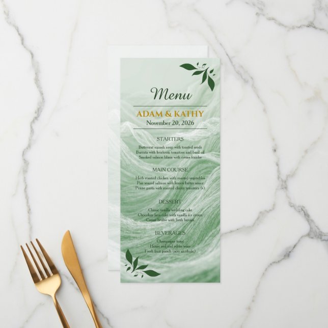 Sage Green Marble & Gold Wedding Menu (Front/Back In Situ)
