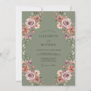 Sage Green Mauve Floral Autumn Wedding Invitation