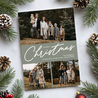Sage Green Merry Christmas 3 Photo Holiday Card