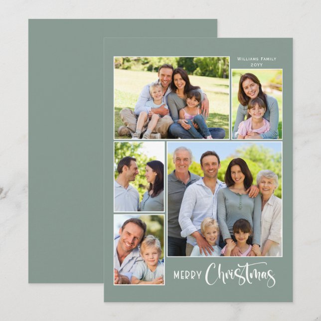 Sage Green Merry Christmas 5 Photo Collage  Holiday Card (Front/Back)