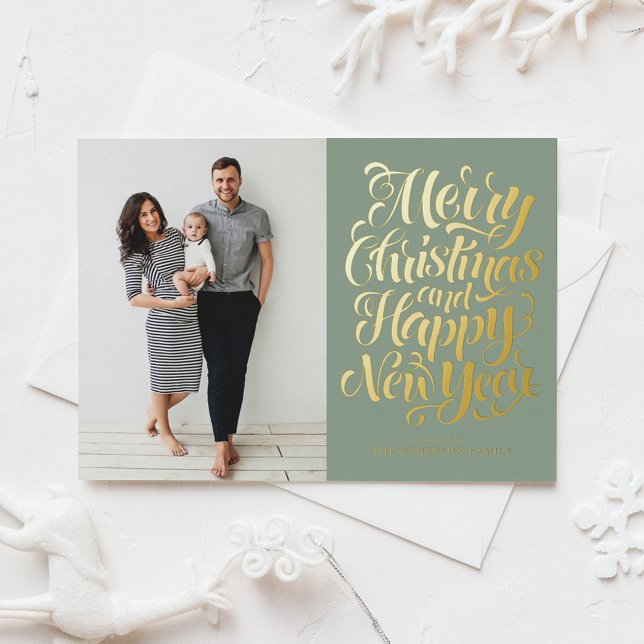 Sage Green Merry Christmas Calligraphy Photo Foil Holiday Postcard (Creator Uploaded)