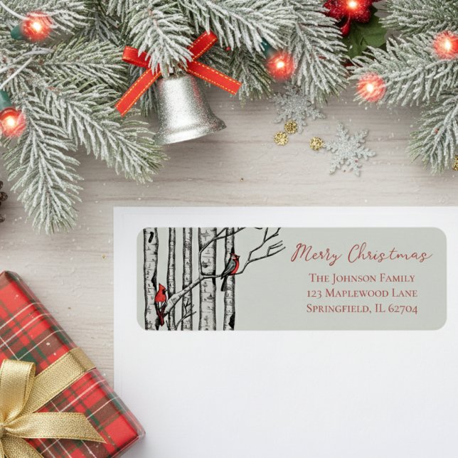 Sage Green Merry Christmas Cardinal Return Address (Modern Holiday Festive Christmas Return Address Labels. Red Cardinal Birch Seasonal Mailing Stickers)