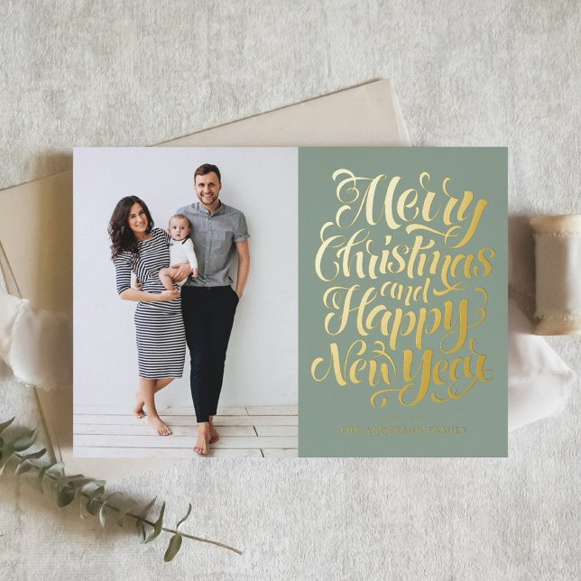 Sage Green Merry Christmas & Happy New Year Photo Foil Holiday Card (Creator Uploaded)