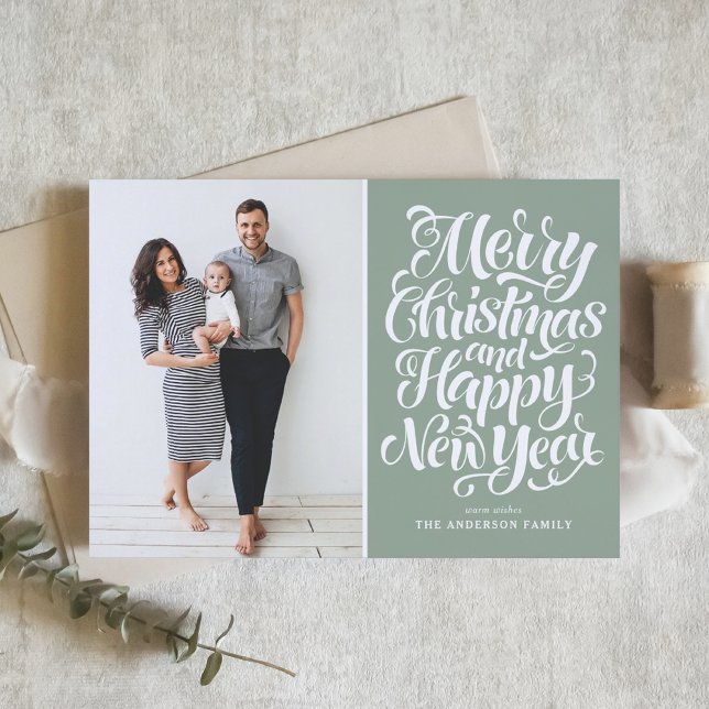 Sage Green Merry Christmas & Happy New Year Photo Holiday Card (Creator Uploaded)