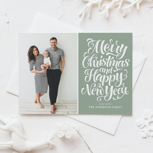 Sage Green Merry Christmas & Happy New Year Photo Holiday Postcard (Creator Uploaded)