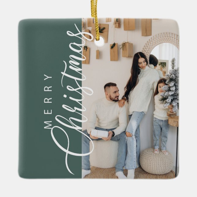 Sage Green Merry Christmas Photo Ceramic Ornament (Front)